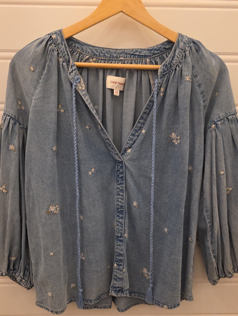 DRIFTWOOD Light Blue Embroidered Peasant Blouse